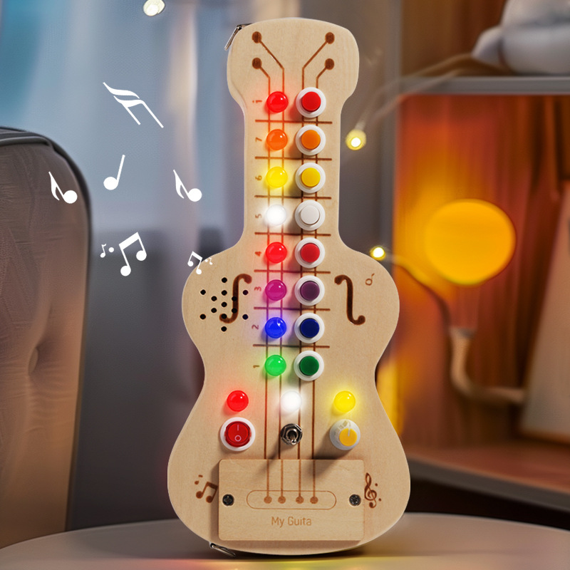 Montessori Wooden Busy Board Toddler - Guitare en bois lumineuse à LED,